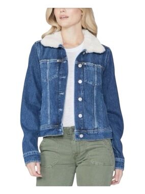 PAIGE Rowan Denim Jacket With Shearling Collar Jamee Distressed, Size XL